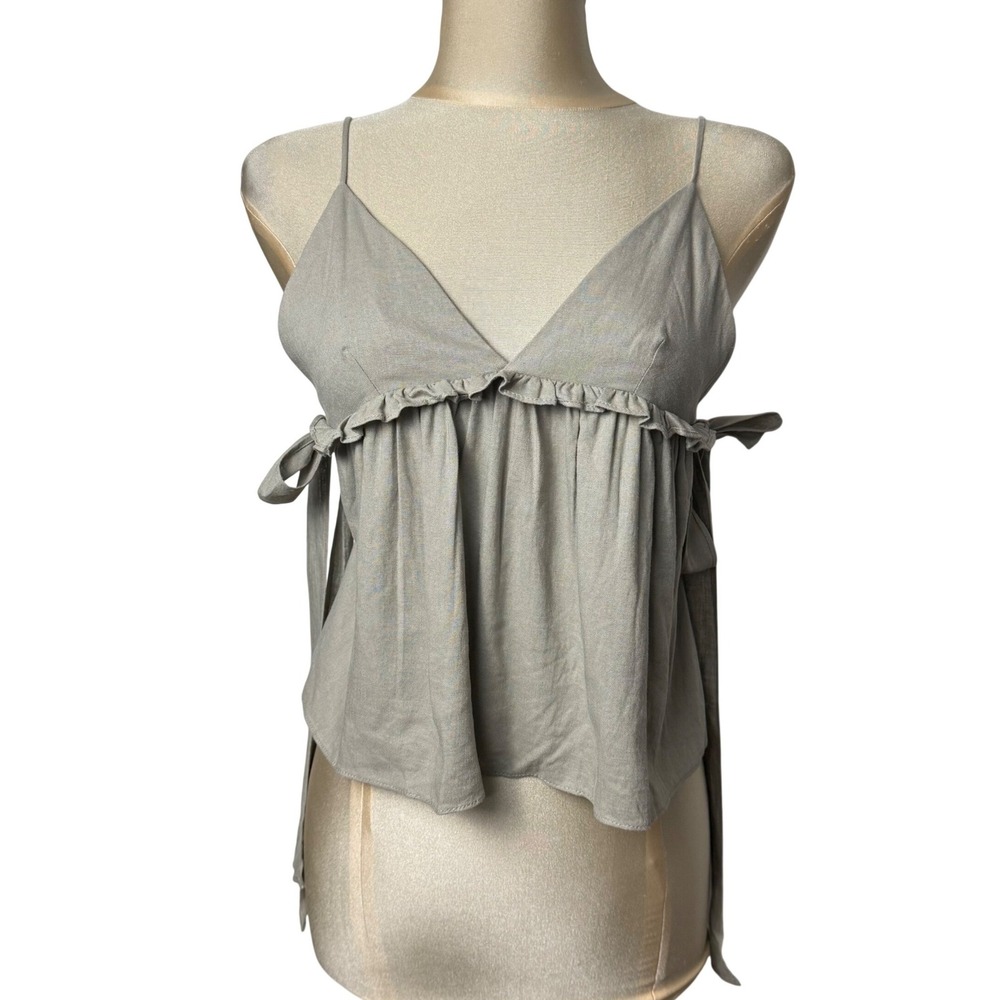 Zara Sage Green Linen Blend Ruffle Tie Side Babydoll Cami Top XS